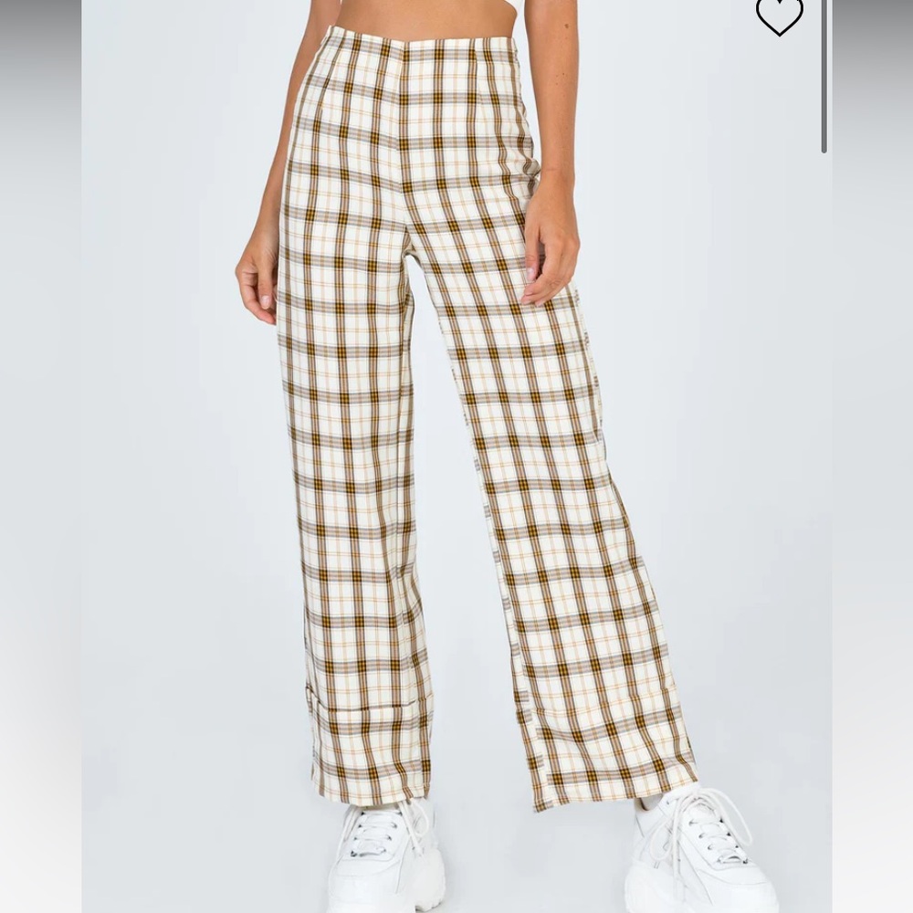 PRINCESS POLLY EUROS PANTS WHITE YELLOW CHECK STRAIGHT LEG HIGH RISE PANTS